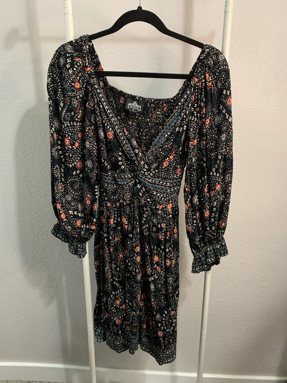 Angie Black Floral Midi Dress with Puff Sleeves and V-Neck